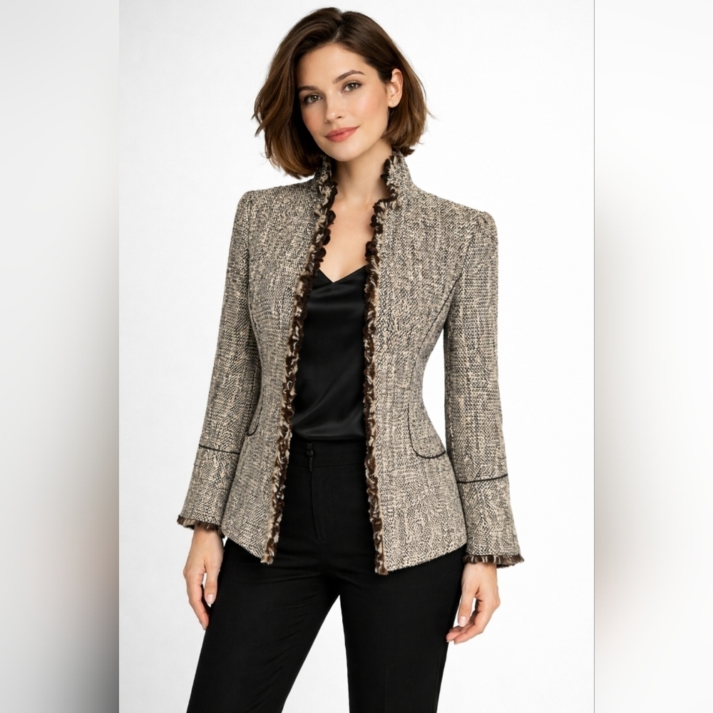 Lafayette 148 Tweed Fringe Jacket US 6 Brown Tan Academic Classic Chic Blazer